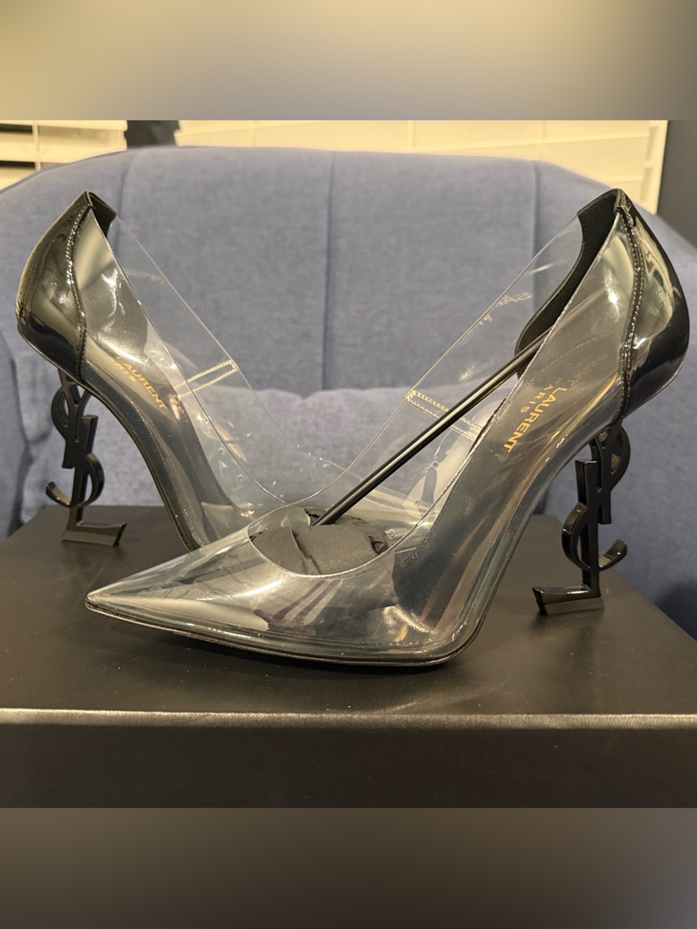 Saint Laurent Clear PVC Pointed-Toe Pumps with Black YSL Sculpted Heel - Picture 2 of 7